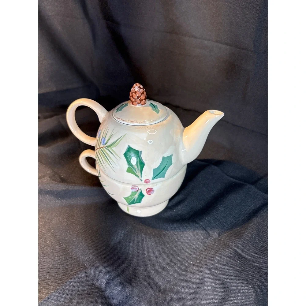 Vintage Pinecone Holly Teapot and Cup Set Hand Painted Ceramic Christmas Holiday